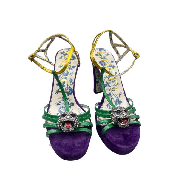 Gucci Women Velvet Nappa Elias Tiger Head Crystals T-Strap Cone Heel Sandal 36.5